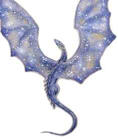 a blue dragon flying through the air with stars on it's wings and tail