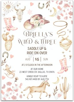 a white and pink baby shower party with horses, cowboy boots, stars, and other items