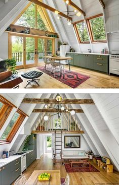 two pictures of an attic with wood floors and white walls, one is open to the kitchen