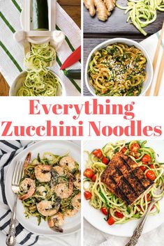 several different pictures of food including zucchini noodles and shrimp