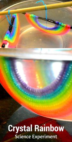 a rainbow colored object in a clear bowl with two wooden sticks sticking out of it