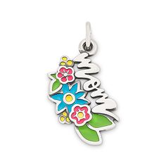 Let this charm brighten her life as much as she brightens yours. Colorful hand-enameled flowers flourish beneath a scripted "Mom" on this sterling silver gift for her. Engrave the back of this charm for mom to personalize with meaningful names, dates or i Mother's Day Charms For Mom, Mother's Day Charms Gift For Mom, Mother's Day Gift For Mom Charms, Personalized Silver Charms For Mother's Day, Mother's Day Gift Charms, Sterling Silver Flower Charm, Silver Enamel Jewelry For Mother's Day, Personalized White Charms For Mother's Day, Silver Charms For Mother's Day Personalized Gift