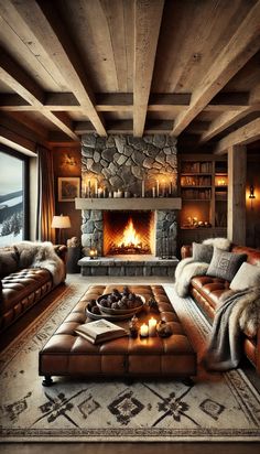 a living room filled with furniture and a fire place in the middle of it's walls