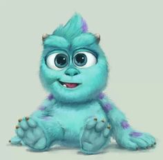 a blue furry creature with big eyes sitting on the ground and looking at the camera