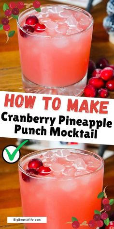 cranberry pineapple punch mocko cocktail with cherries on the rim and text overlay that reads how to make cranberry pineapple punch mocko