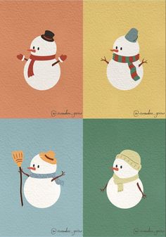 four snowmen with hats and scarfs on