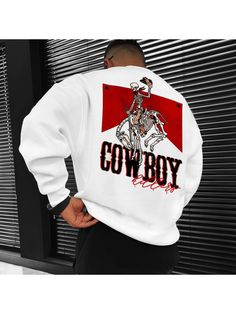 Men Youth Sweatshirt, Men's Cowboy Print Casual Oversized Crew Neck Pullover Sweatshirt Cowboy Sweatshirts, Military Crew Neck T-shirt For Streetwear, Retro Rodeo Crew Neck T-shirt, Graphic Print Crew Neck T-shirt For Rodeo, Cowboy Print, Oversize Sleeves, Skull Graphic, Oversize Casual, Mens Cowboy