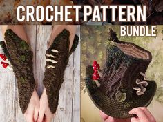 the crochet pattern has been made to look like it is wearing boots with mushrooms on them