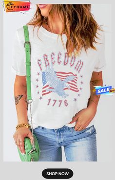 White Freedom Eagle Flag Print 1776 Graphic Tee Lisa Fischer, Leopard Print Shorts, American Flag Print, Floral Print Design, Graphic Style, Round Neck Tees, Hangzhou, American Shirts, Womens Size Chart