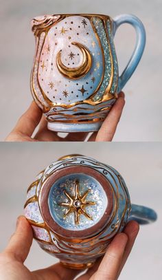 two pictures of a hand holding a coffee cup with a star and moon design on it