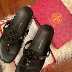 Tory Burch Miller Cloud Coin Leather Thong Sandals In Black. Size 8 Includes Original Box And Tissue Paper. Has A Few Blemishes From Minor Wear. All Coins On Sandals Are Intact And Not Loose. Leather Thong Sandals, Tory Burch Miller, Box Color, Tory Burch Shoes, Thong Sandals, Tissue Paper, Women's Shoes Sandals, Tory Burch, Shoes Sandals