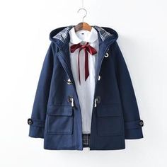 Navy Cotton Outerwear For School, Casual Hooded Pea Coat With Button Closure, Hooded Pea Coat For Workwear, Hooded Pea Coat With Buttons For Workwear, Casual School Outerwear With Buttons, Navy Cotton Hooded Jacket For Fall, Fall Cotton Hooded Jacket With Buttons, Fall Outerwear With Adjustable Hood For School, Fall School Outerwear With Adjustable Hood