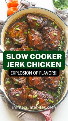 the slow cooker is filled with meat and vegetables, along with text that reads slow cooker jerk chicken explosion of flavor