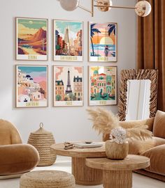 a living room filled with furniture and pictures on the wall