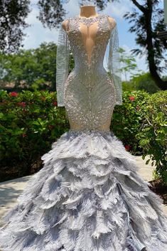 Mermaid Jewel Lace Sequined Open Back Floor-length Long Sleeve Lace Beading Prom Dress With Feather Tulle Prom Dress With Sleeves, Best Formal Dresses, Silver Prom Dress, Glitter Prom Dresses, Prom Dress Pictures, Lace Beading, Prom Dresses Gowns, Mermaid Bridesmaid Dresses, Prom Ideas