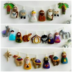 there are many different decorations hanging on the wall together, including nativity figurines