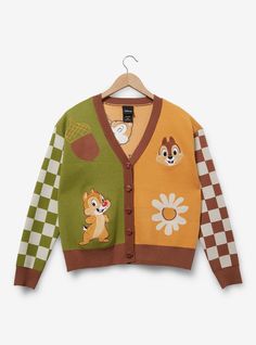 You'll be the cutest critter around in this cardigan! Cozy fabric features embroidered patches of Chip & Dale  backed by checkered sleeves and knit designs. With acorn-shaped buttons  this cropped outerwear is perfect for a day in the woods.A BoxLunch Exclusive!50% recycled polyester; 28% polyester; 22% viscoseListed in women's sizes; unisex silhouetteWash cold with like colors; dry lowImported Scooby Doo Mystery Machine, Disney Chip, Plus Size Cropped, Mystery Machine, Scooby Doo Mystery, A Walk In The Woods, Her Universe, Crop Cardigan, Chip And Dale