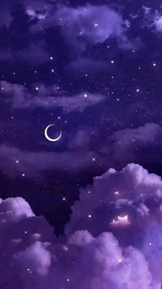 the night sky is filled with stars and clouds, as well as a crescent moon