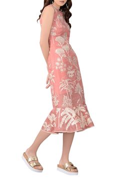 This rose pink sheer organza midi dress features all over floral and whimsical animal themed chain stitched patches, creating thick textured lines. The base is accented with a ruffle layer for added appeal. A melange of bright colors in pink, red and yellow hues symbolize the ethereal beauty of flower buds in bloom and the lush landscapes in uttarakhand amidst picturesque snow capped peaks.  
 - Aza Fashions Sahil Kochhar, Organza Midi Dress, Midi Dress Pink, Dress For, Yellow Hues, Midi Dress For Women, Pink Midi Dress, Ethereal Beauty, Japan Fashion