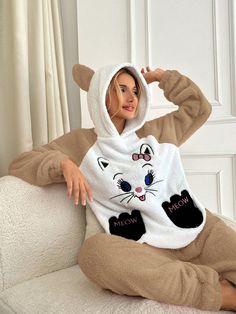 Cartoon Embroidered 3D Ear Design Hooded Flannel PJ Set Khaki Cute  Long Sleeve Fabric Cartoon Pant Sets Slight Stretch All Women Sleep & Lounge, size features are:Bust: ,Length: ,Sleeve Length: Hooded Flannel, Grey Colour Suit, Cartoon Embroidery, The Cartoon, Fabric Animals, Pyjama Set, Pajama Sets, Pj Sets, Kids Sleepwear