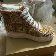 Lucky Brand Curla Crochet High Top Sneaker Size & Width: 7 M Color: Pastel Multi Ashcrt Multicolor Round Toe Sneakers For Fall, High-top Sneakers With Woven Sole For Spring, Trendy High-top Sneakers With Woven Sole, High-top Sneakers With Woven Sole, Yellow Sneakers With Round Toe For Fall, Yellow Fall Sneakers With Round Toe, Yellow Low-top Fall Sneakers, Yellow Low-top Sneakers For Fall, Comfortable Yellow Sneakers For Spring