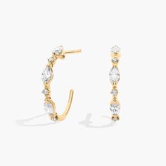 Show off your style with these unique J-shaped diamond hoop earrings. Featuring both round and marquise diamonds set in 14k gold, these hoops are crafted to last. Pearl Bracelet Gold, Gold Diamond Hoop Earrings, Platinum Rose Gold, Gold Rings Fashion, Gold Pearl Necklace, Birthday Board, Ladies Diamond Rings, Diamond Hoop Earrings, Rose Gold Jewelry