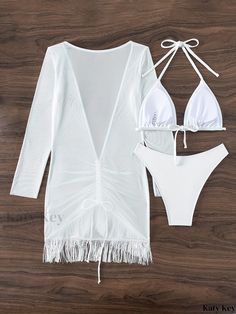 Katykey - Womens Halter Triangle Bikini Set with Fringe Long Sleeve Drawstring Cover Up, Stretchy 3 Piece Swimsuit in Plain White - Stylish Swimwear and Clothing Ensemble 3 Piece Swimsuit, Plain White, 3 Piece, Collar Styles, Cover Up, Long Sleeve, White, Clothes