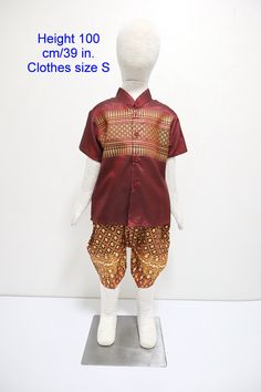 This item is original Thailand costume for kids. mandarin collar short sleeves shirt and a finished Thai trousers called Jongkraben with elephants brocade waistband. Occasions: Thai/Lao/Cambodia new years, attended Thai wedding, Thailand exhibition, Thai fair, Songkran festival, Loy krathong festival, attended the temple ceremony, making merit etc. There are available in 6 size see details as follow. The set consists of 1.A readymade trousers / Jongkraben. The pants can be adjusted by elastic, n Short Sleeve Traditional Wear For Eid, Fitted Traditional Set With Short Sleeves, Festive Red Short Sleeve Sets, Red Short Sleeve Festive Sets, Traditional Short Sleeve Sets For Diwali, Red Short Sleeve Traditional Wear For Festive Occasions, Red Short Sleeve Sets For Festivals, Traditional Short Sleeve Wear For Festivals, Short Sleeve Traditional Wear For Festivals