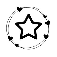 a black and white image of a star in the middle of a circle with hearts around it