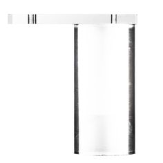 a tall glass tube with two black and white lines on the bottom, in front of a white background