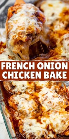 french onion chicken bake in a glass casserole dish with melted cheese on top