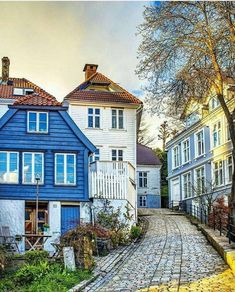 a cobblestone street lined with white and blue houses on either side of each other