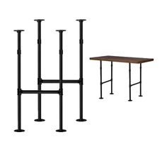 three different types of tables and stands with one table on each side, the other in black