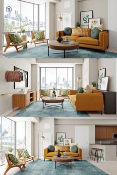 four different shots of a living room with couches, chairs and tables in it