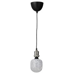 a glass light hanging from a black cord