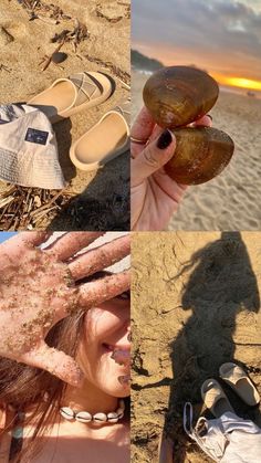 a collage of photos with sand and shoes on the beach, one woman's hand holding up two rocks