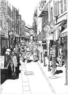 black and white drawing of people walking down the street