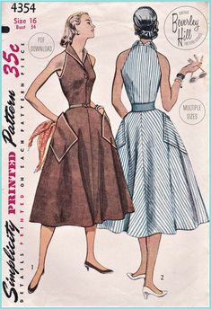 THIS IS A DOWNLOAD PDF SEWING PATTERN, NOT A PHYSICAL PAPER PATTERN OR A FINISHED GARMENT. NO OTHER SUPPLIES ARE INCLUDED. BHVPS No.1484 - 1950's Chic Collared Sleeveless Dress with Large Pockets This Beverley Hill pattern is a high quality, digital reproduction of an original vintage pattern from 1953 - professionally digitized and graded into 5 sizes by Beverley Hill Vintage Pattern Service. The collar and bodice of this sleeveless dress are cut in one. The bodice has a lapped front button closing above the centre front seam. The collar is tapered at centre back. Large patch pockets trim the flared skirt. View 1 has soutache braid trim on collar, armholes, pockets and (if desired) self made belt. View 2 features top stitched pockets which are buttoned to the skirt. PLEASE REFER TO PIC 2 50s Dress Pattern, Vintage Dress Sewing Patterns, Patron Vintage, Dresses By Pattern, Simplicity Dress, Vintage Dress Patterns, Fashion 1950s, 1950s Style, Dress Sketches