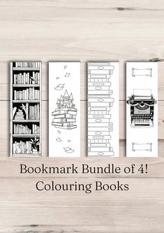 the bookmark bundle of 4 coloring books on a wooden background with text overlay