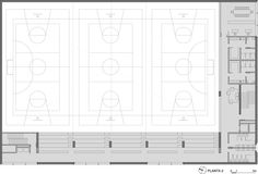 the floor plan for an indoor basketball court, with multiple courts and seating areas on each side