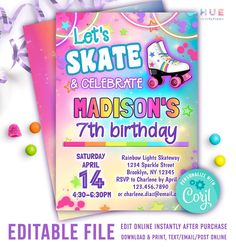 a skateboard birthday party flyer with balloons and confetti