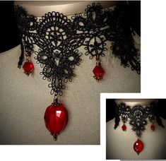 Gothic Black Lace Choker.... This is an exquisite black lace choker adorned with deep ruby-red crystals that glisten like drops of blood. The lace is intricate, with gothic-inspired patterns, adding a touch of dark elegance. The choker is adjustable, ensuring a comfortable fit for all neck sizes. The ruby-red crystals catch the light beautifully, creating a striking contrast against the black lace, perfect for a gothic wedding or as a statement piece for Halloween. Its timeless design embodies both sophistication and mystery, making it the ideal accessory for those who embrace the dark and romantic aesthetic. The actual "detailed black lace" measures 2" in height and 12" in length...I have added a 4" extension chain allowing it to be completely adjustable...also I have added a "ruby red" f Vampire Accessories, Victorian Vampire, Black Lace Choker, Romantic Aesthetic, Dark Elegance, Wedding Halloween, Goth Wedding, Lace Choker, Ruby Necklace