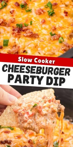 a cheesy burger party dip is being held up