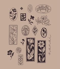 an assortment of flowers and leaves are shown in black ink on a beige paper background