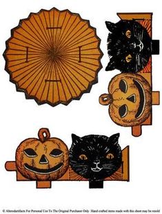 three halloween decorations with black cats and pumpkins