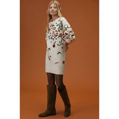 Featuring Appliqued Florals And An Oh-So-Cozy Knit Finish, This Tunic Dress Brings A Dash Of Springtime To Even The Coolest Days. 63% Acrylic, 30% Nylon, 7% Alpaca; Viscose Trim Tunic Silhouette Pullover Styling Hand Wash Imported Dimensions Falls 33" From Shoulder; Hem Hits Above The Knee Model Notes Model Is 5'9" Brand New With/Without Tags. May Have Been T Ried On In Store, But In Like-New Condition. Line Thru Tag Is To Prevent Store Return B-6 Cream Knit Dresses For Fall, Cream Knit Dress For Fall, Sweater Tunic Dress, Sweater Tunic, Cozy Knit, Anthropologie Dress, Tunic Sweater, Cozy Knits, Above The Knee