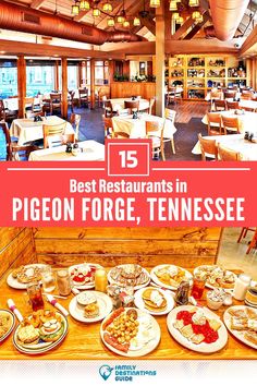 the inside of a restaurant with tables and chairs filled with food on top of it