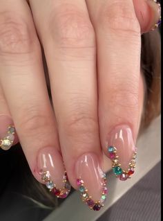 Bedazzled French Tip Nails, Bedazzled Nails Rhinestones, European Nails, Bejeweled Nails, Bedazzled Nails, Nails Rhinestones, Nails Design With Rhinestones, Blush Nails