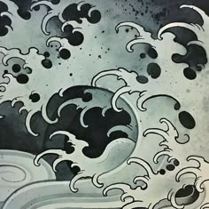 an artistic drawing of waves in black and white