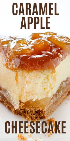 there is a piece of cheesecake with caramel topping on the top and bottom